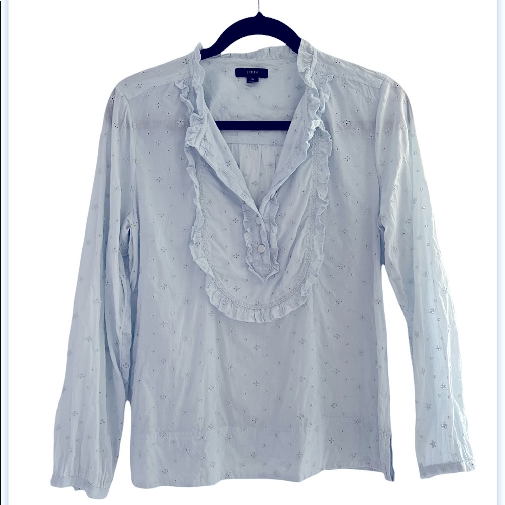 JCrew Eyelet Baby Blue Ruffle Peasant Tuxedo Top Pullover Small preppy
